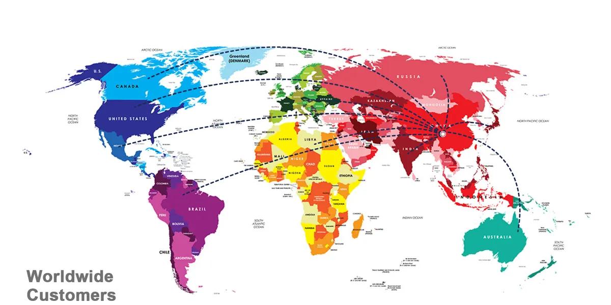 World map showing global distribution of hair care and cosmetic manufacturing customers and partners across multiple continents