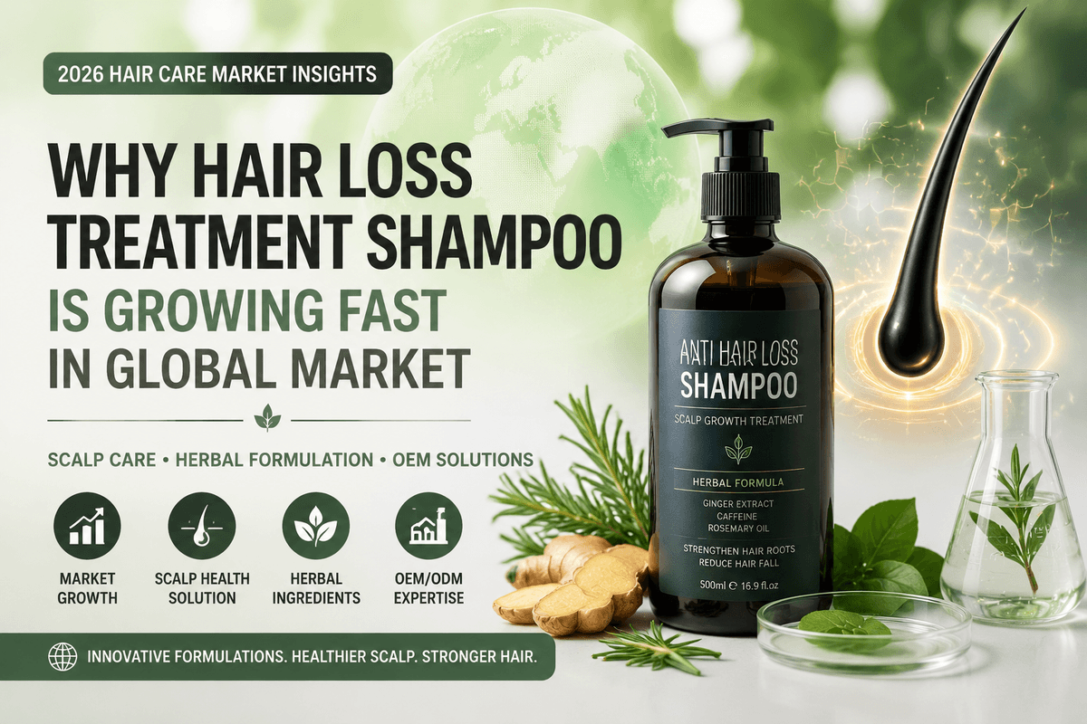 الطلب العالمي المتزايد على شامبو مضاد لتساقط الشعر يركز على فروة الرأس - Blog article cover image about hair care and cosmetic manufacturing