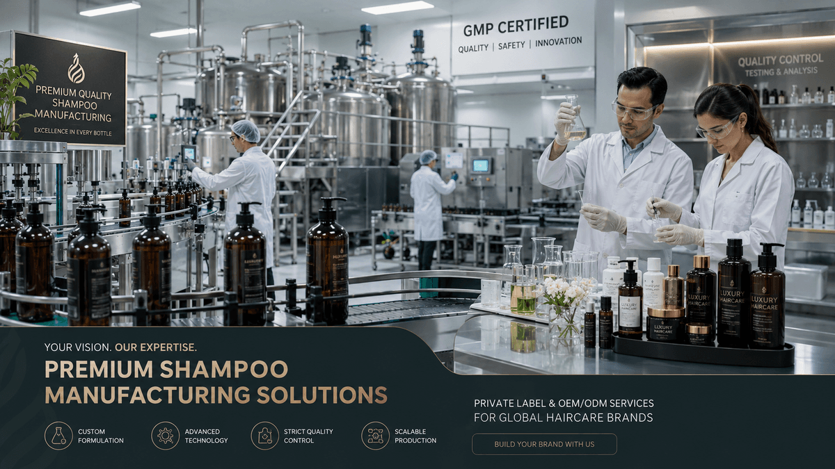 Fabricação de xampu personalizado: Guia de processo de produção OEM e controle de qualidade - Blog article cover image about hair care and cosmetic manufacturing